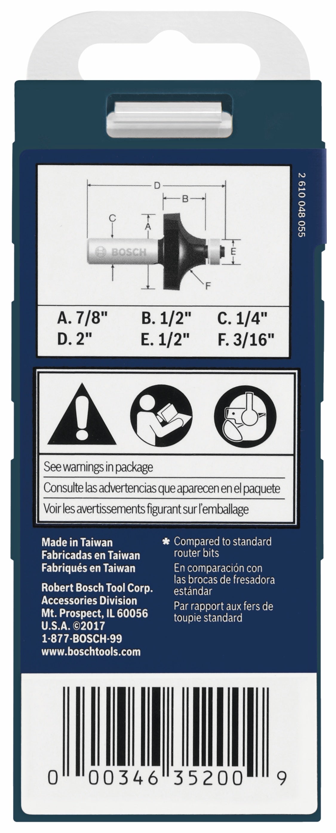 Bosch 85293MC 3/16 In. x 1/2 In. Carbide-Tipped Roundover Router Bit