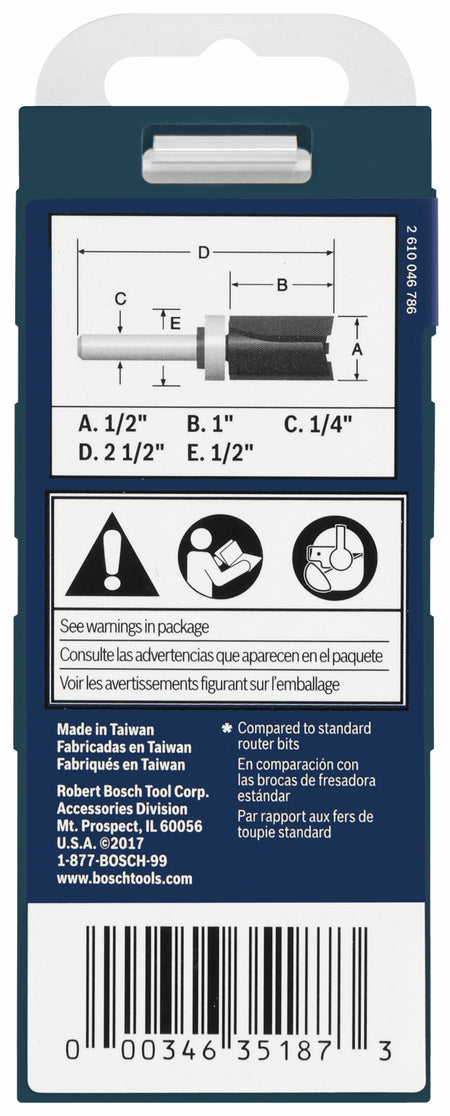 Bosch 85680MC 1/2 In. x 1 In. Carbide-Tipped Double-Flute Top-Bearing Straight Trim Router Bit