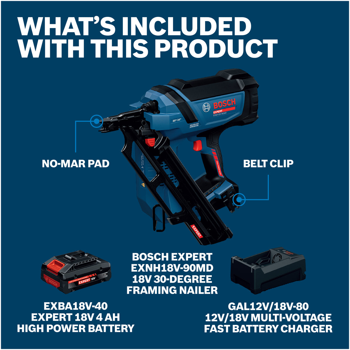 Bosch EXNH18V-90MDB14X EXPERT 18V 20-Degree Framing Nailer Kit With 4.0 Ah Battery and Multi-Voltage Charger