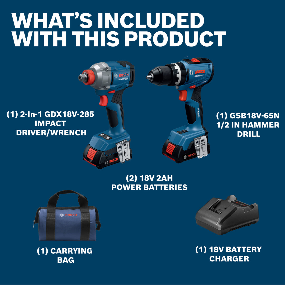 Bosch GXL18V-241B22 18V 2-Tool Combo Kit with 1/2 In. Hammer Drill/Driver, Two-In-One 1/4 In. and 1/2 In. Bit/Socket Imp