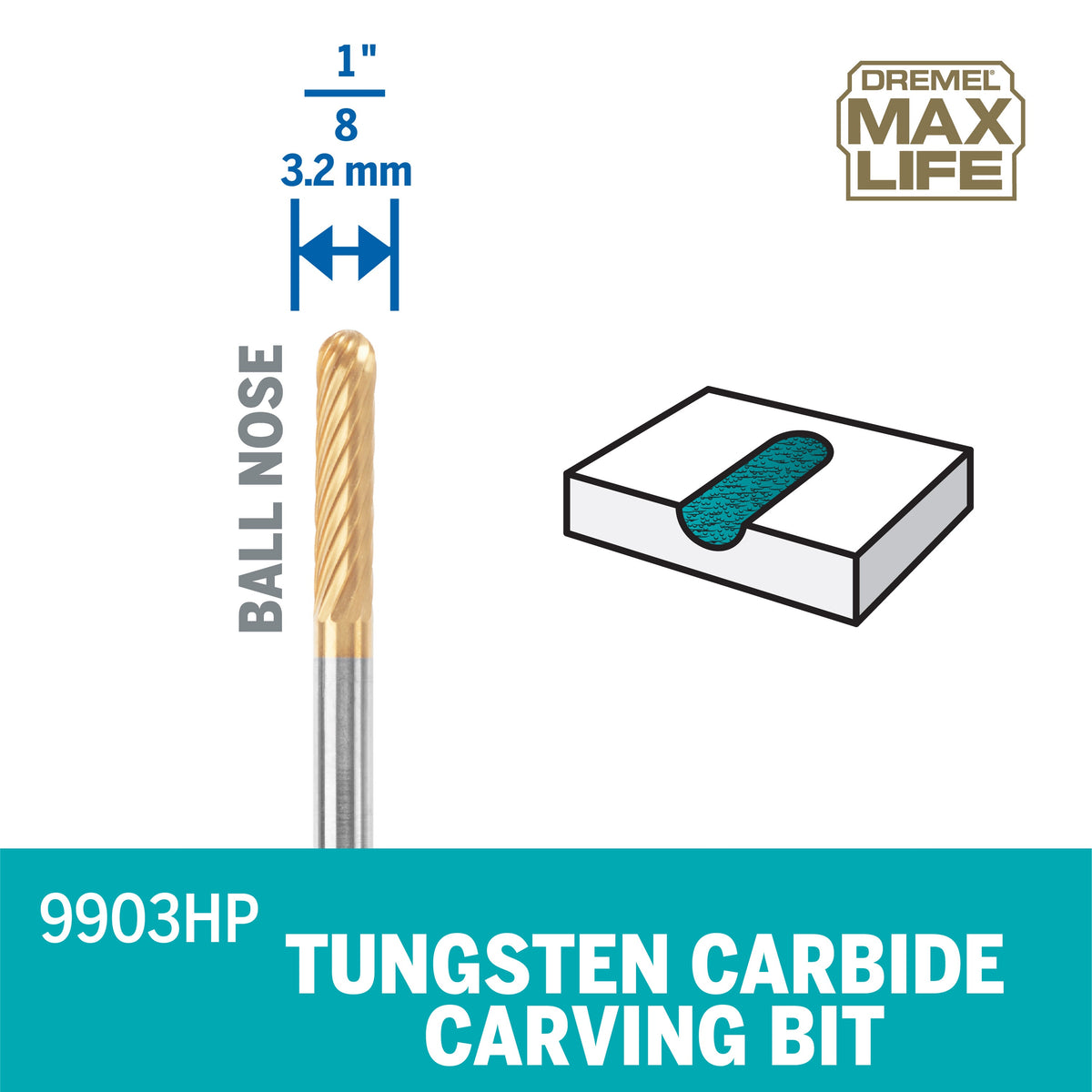 Dremel 9903HP Max Life 1/8" (3.2mm) High Performance Tungsten Carbide Carving Bit, 1 Rotary Accessory
