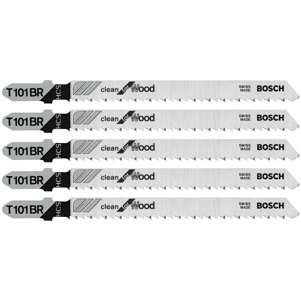 Bosch T101BR 5 pc. 4 In. 10 TPI Reverse Pitch Clean for Wood T-Shank Jig Saw Blades
