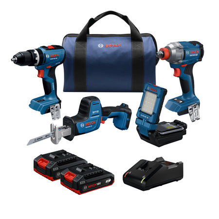 Bosch GXL18V-498B22 18V 4-Tool Combo Kit with Compact Tough 1/2 In. Drill/Driver, Two-In-One 1/4 In. and 1/2 In. Bit/Soc