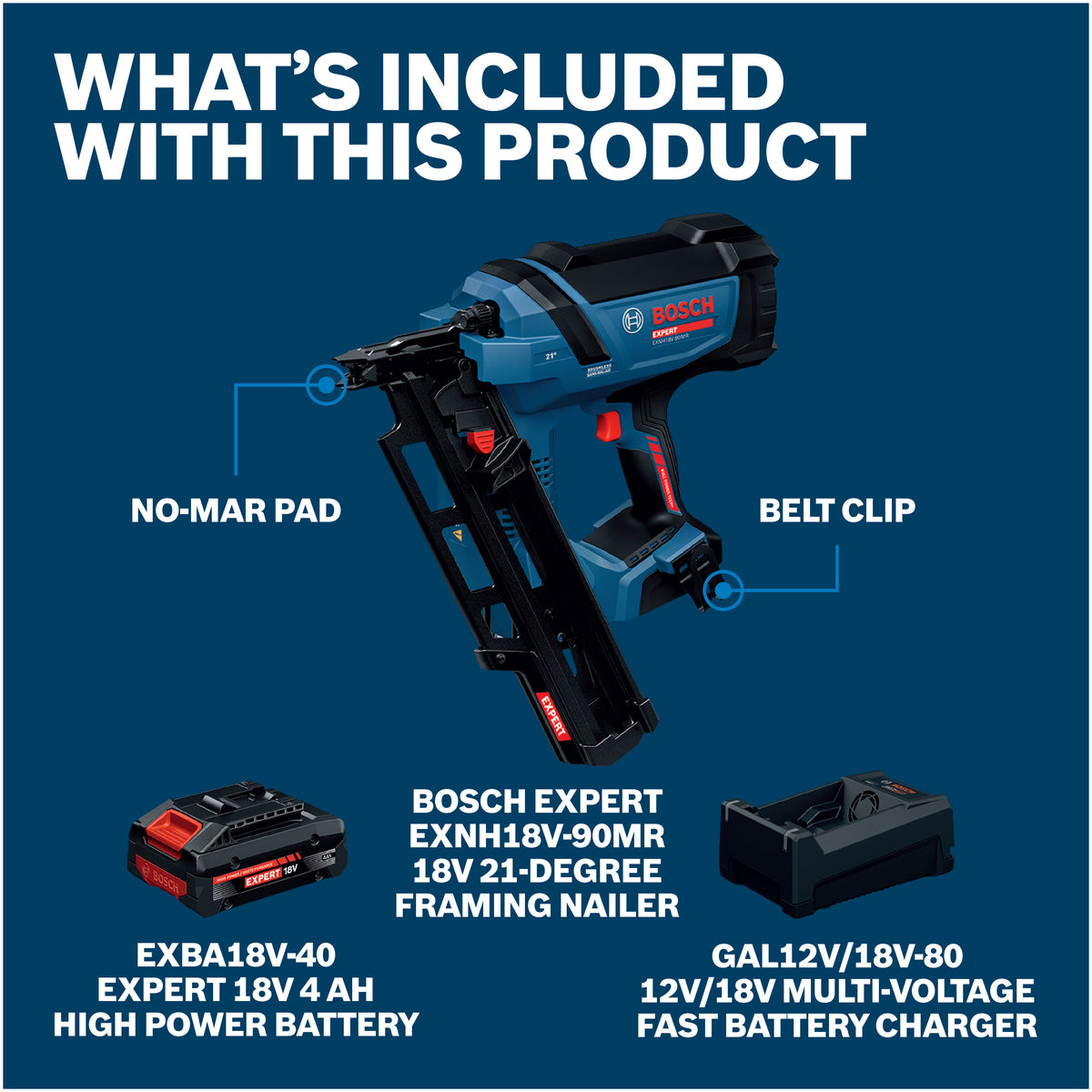 Bosch EXNH18V-90MRB14X EXPERT 18V 30-Degree Framing Nailer Kit With 4.0 Ah Battery and Multi-Voltage Charger
