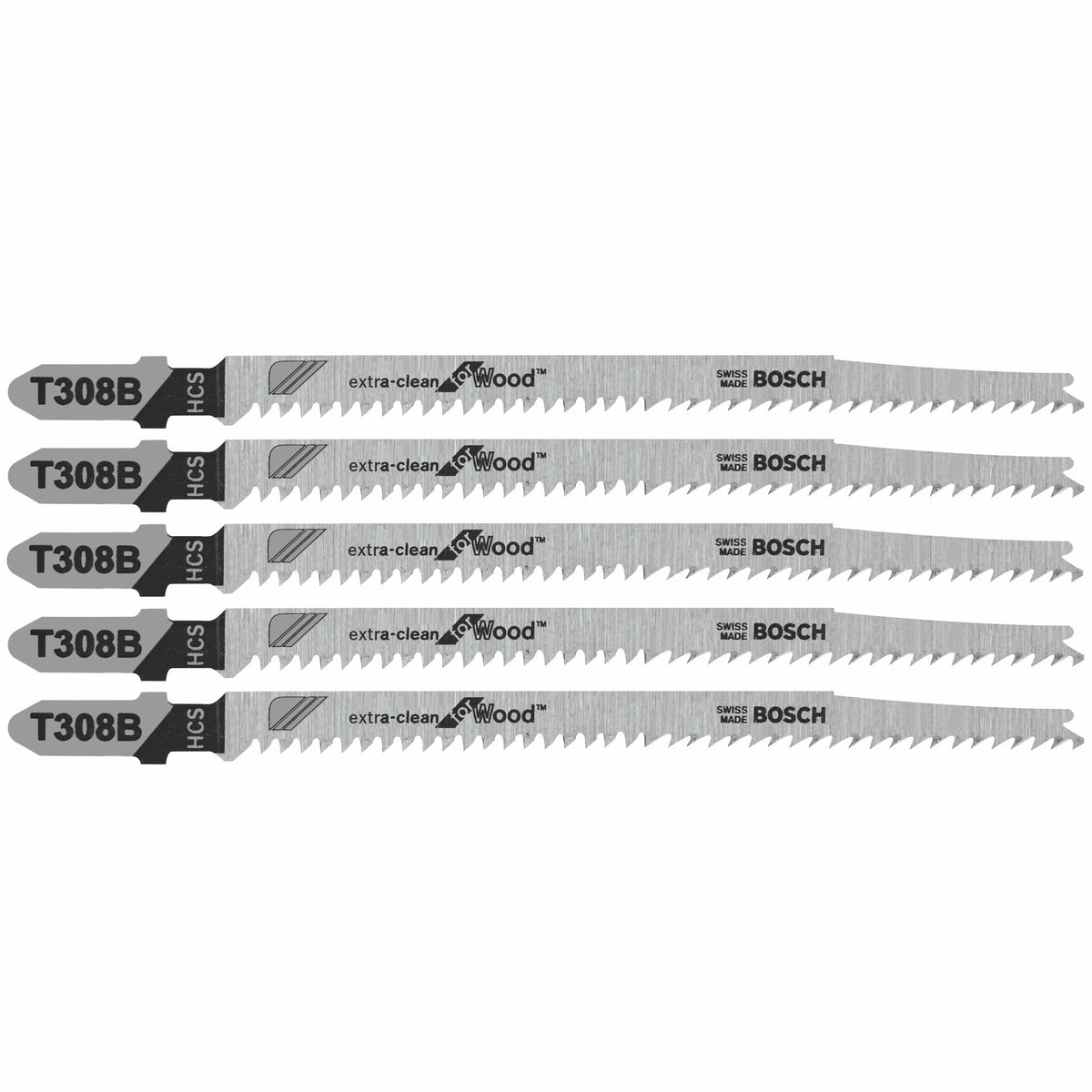 Bosch T308B 5 pc. 4-5/8 In. 12 TPI Extra Clean for Wood T-Shank Jig Saw Blades