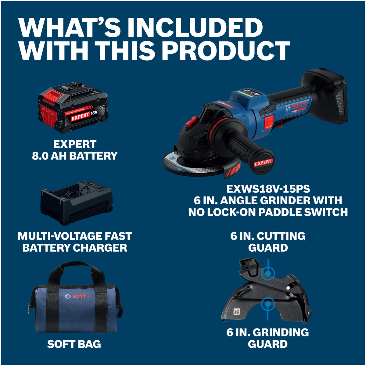 Bosch EXWS18V-15PSB18X EXPERT 18V 5 – 6 In. Angle Grinder with No Lock-On Paddle Switch Kit 8.0 Ah Battery and Multi-Vol