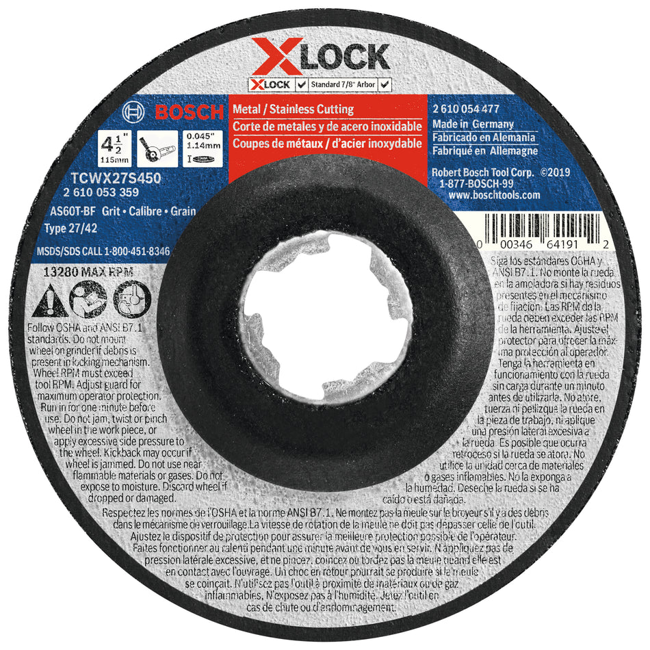 Bosch TCWX27S450 4-1/2 In. x 0.045 In. X-LOCK Arbor Type 27A (ISO 42) 60 Grit Fast Metal/Stainless Cutting Abrasive Whee