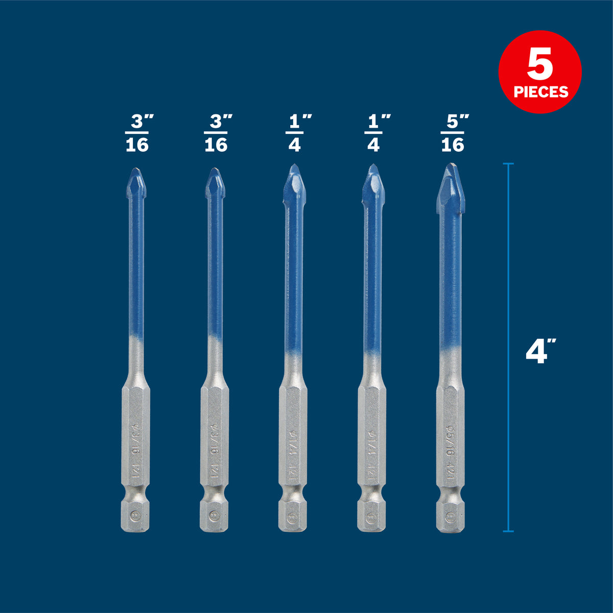 Bosch PTBX05 5 pc. Porcelain Tile Drill Bit Set: (2) 3/16", (2) 1/4", (1) 5/16"