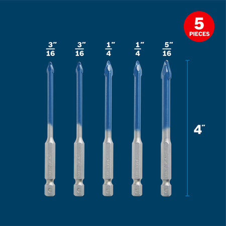 Bosch PTBX05 5 pc. Porcelain Tile Drill Bit Set: (2) 3/16", (2) 1/4", (1) 5/16"