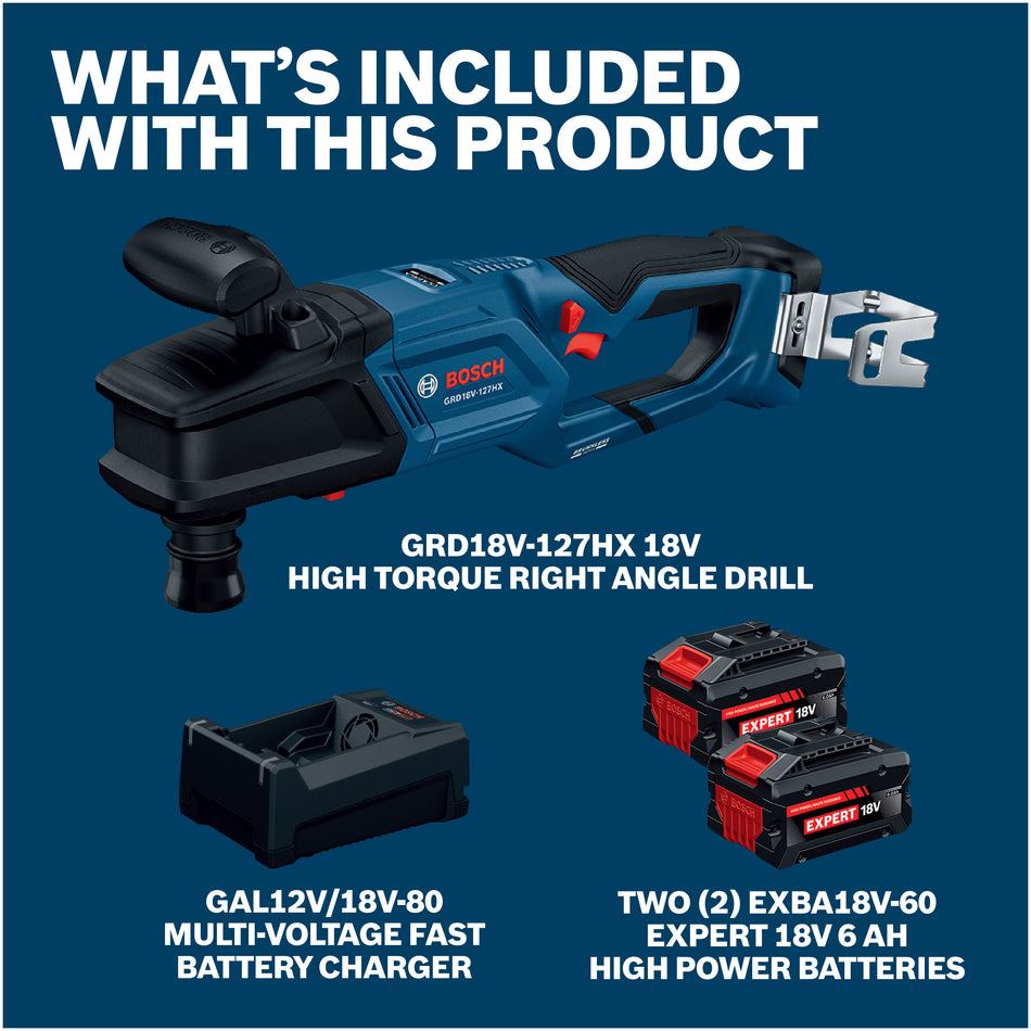 Bosch GRD18V-127HXB26X 18V 7/16 Inch High Torque Right Angle Drill Kit With 2 6ah Batteries and Multi-Voltage Charger