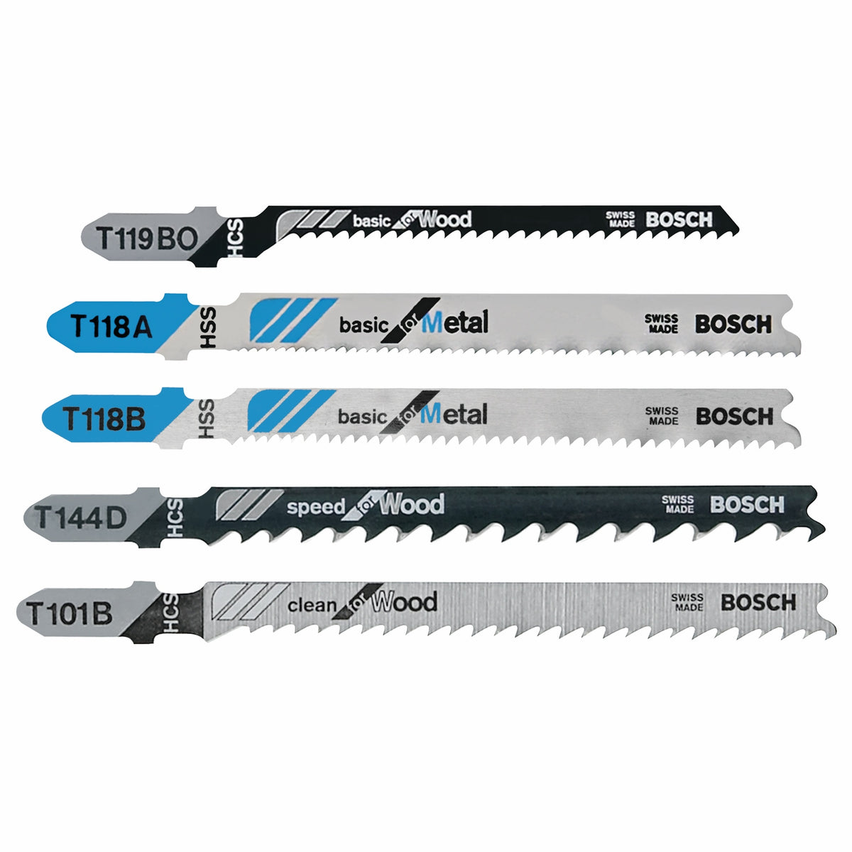 Bosch T500 5 pc. T-Shank Jig Saw Blade Set for Wood and Metal