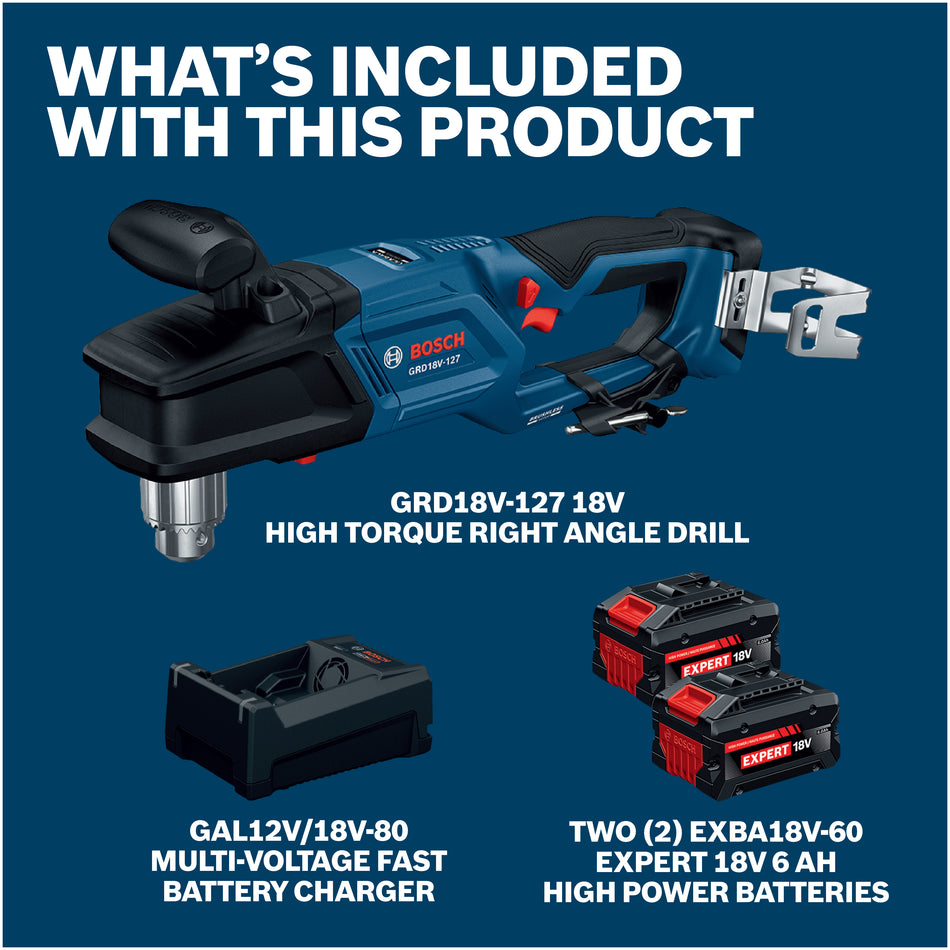 Bosch GRD18V-127B26X 18V ½ Inch High Torque Right Angle Drill Kit With 2 6ah Batteries and Multi-Voltage Charger