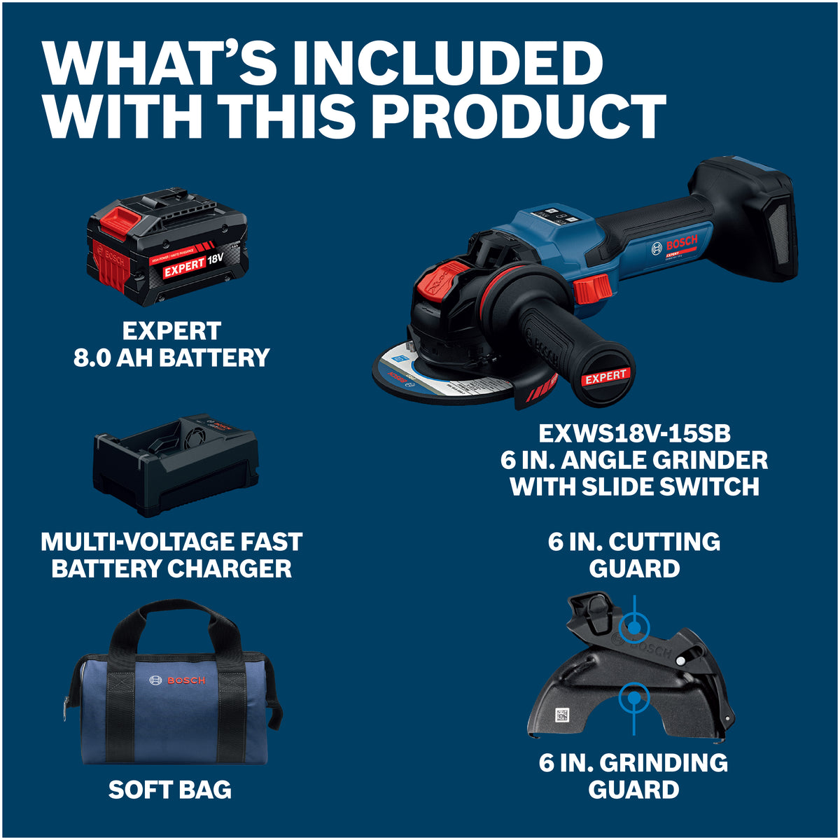 Bosch EXWS18V-15SB18X EXPERT 18V 5 - 6 Inch Angle Grinder with Slide Switch Kit With 8.0 Ah Battery and Multi-Voltage Ch