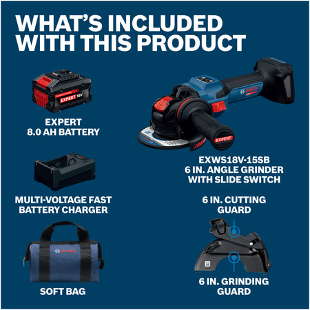 Bosch EXWS18V-15SB18X EXPERT 18V 5 - 6 Inch Angle Grinder with Slide Switch Kit With 8.0 Ah Battery and Multi-Voltage Ch