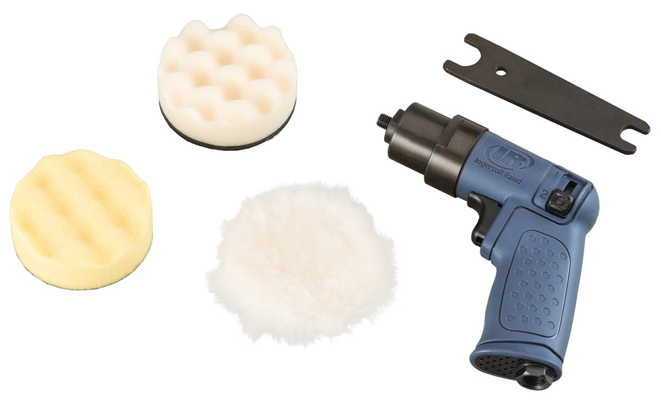 Ingersoll Rand Mini Air Polisher and Buffer 4-Piece Kit, 6,000 RPM, 0.3 HP, 3" Hook & Loop Pad, Pistol – 3129KA