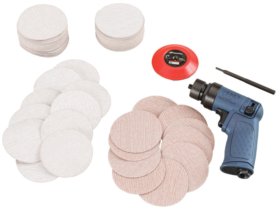 Ingersoll Rand Mini Air Random Orbital Sander 71-Piece Kit, 3" Hook & Loop Pad, 15,000 RPM, 0.2HP, Pistol – 3128KA