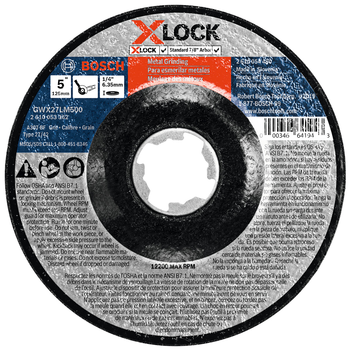 Bosch GWX27LM500 5 In. x 1/4 In. X-LOCK Arbor Type 27 30 Grit Metal Grinding Abrasive Wheel